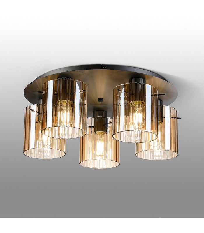 Hudson 56cm Round Ceiling Flush 5 Light Flush Fitting E27 Dark Grey/Amber Wide Line Glass-3