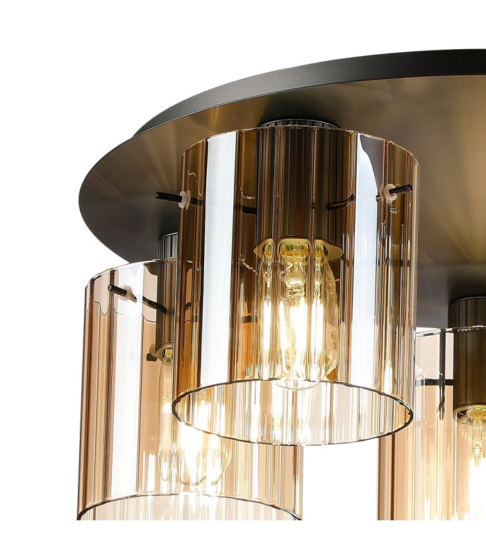 Hudson 56cm Round Ceiling Flush 5 Light Flush Fitting E27 Dark Grey/Amber Wide Line Glass-5