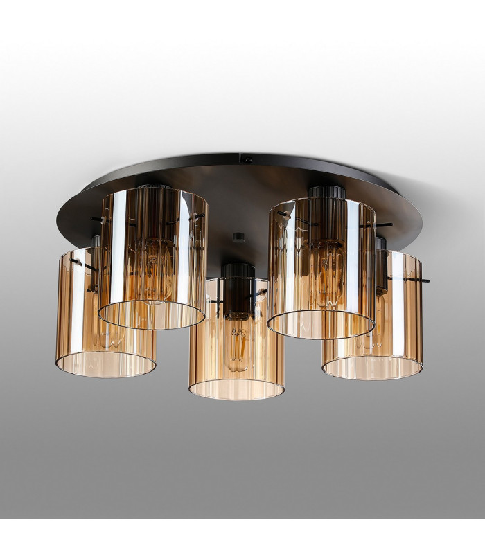 Hudson 56cm Round Ceiling Flush 5 Light Flush Fitting E27 Dark Grey/Amber Wide Line Glass-7