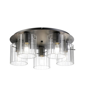 Hudson 56cm Round Ceiling Flush 5 Light Flush Fitting E27 Dark Grey/Clear Wide Line Glass-1