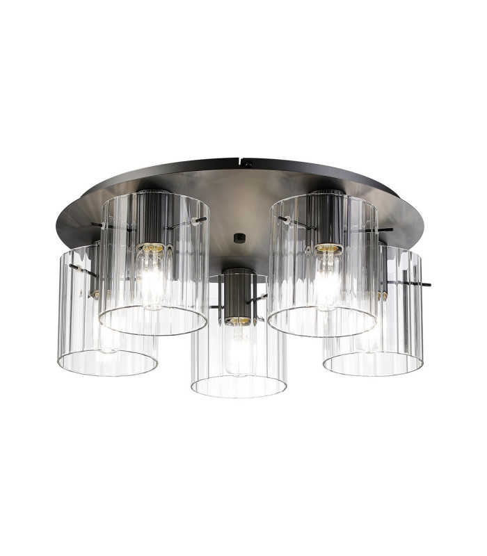 Hudson 56cm Round Ceiling Flush 5 Light Flush Fitting E27 Dark Grey/Clear Wide Line Glass-1