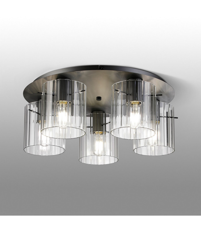 Hudson 56cm Round Ceiling Flush 5 Light Flush Fitting E27 Dark Grey/Clear Wide Line Glass-3