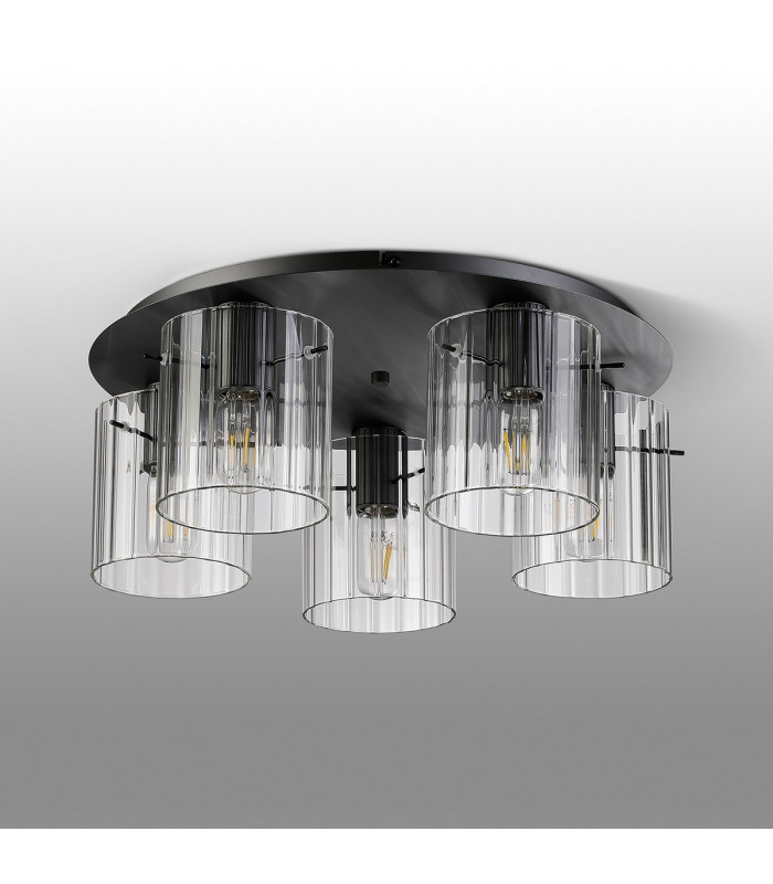Hudson 56cm Round Ceiling Flush 5 Light Flush Fitting E27 Dark Grey/Clear Wide Line Glass-7