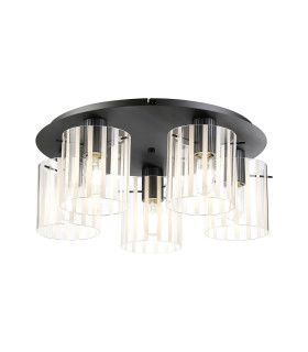 Hudson 56cm Round Ceiling Flush 5 Light Flush Fitting E27 Dark Grey/Frosted/Clear Wide Line Glass-1