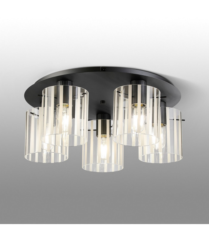 Hudson 56cm Round Ceiling Flush 5 Light Flush Fitting E27 Dark Grey/Frosted/Clear Wide Line Glass-3
