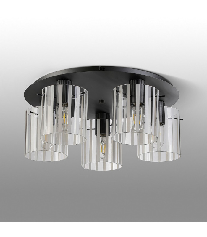Hudson 56cm Round Ceiling Flush 5 Light Flush Fitting E27 Dark Grey/Frosted/Clear Wide Line Glass-7