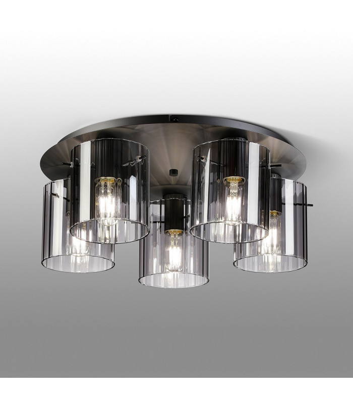 Hudson 56cm Round Ceiling Flush 5 Light Flush Fitting E27 Dark Grey/Smoke Wide Line Glass-3