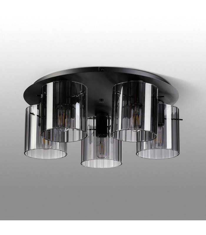 Hudson 56cm Round Ceiling Flush 5 Light Flush Fitting E27 Dark Grey/Smoke Wide Line Glass-7