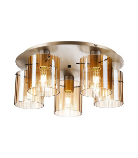 Hudson 56cm Round Ceiling Flush 5 Light Flush Fitting E27 Light Gold/Amber Wide Line Glass-1