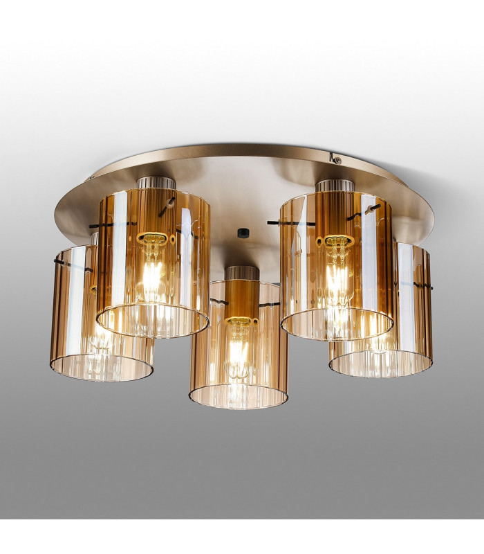 Hudson 56cm Round Ceiling Flush 5 Light Flush Fitting E27 Light Gold/Amber Wide Line Glass-3