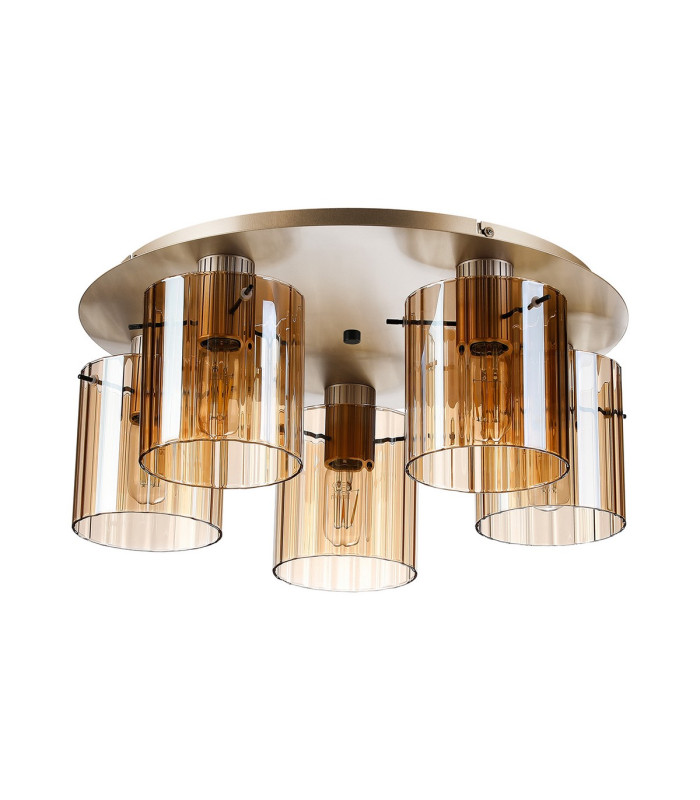 Hudson 56cm Round Ceiling Flush 5 Light Flush Fitting E27 Light Gold/Amber Wide Line Glass-4