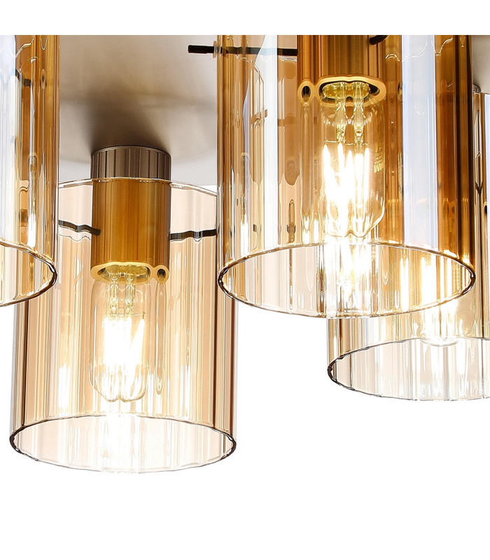 Hudson 56cm Round Ceiling Flush 5 Light Flush Fitting E27 Light Gold/Amber Wide Line Glass-6