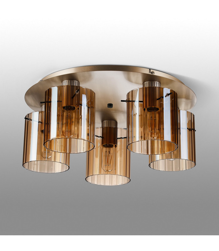 Hudson 56cm Round Ceiling Flush 5 Light Flush Fitting E27 Light Gold/Amber Wide Line Glass-7