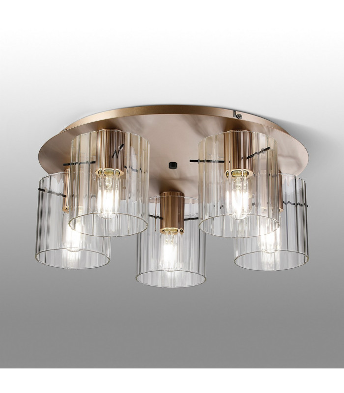 Hudson 56cm Round Ceiling Flush 5 Light Flush Fitting E27 Light Gold/Clear Wide Line Glass-3