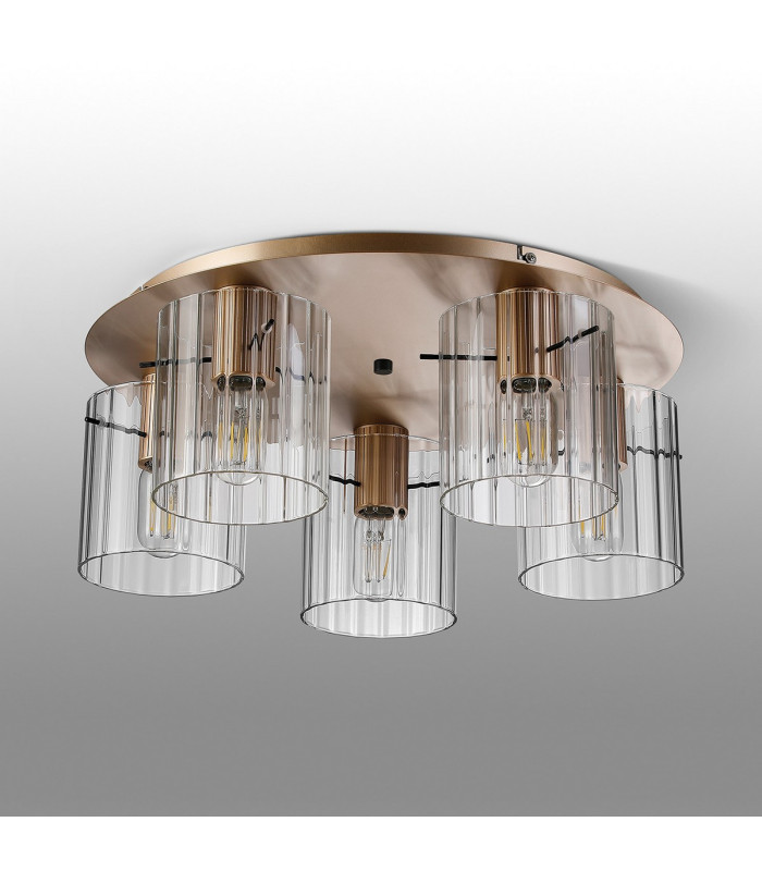 Hudson 56cm Round Ceiling Flush 5 Light Flush Fitting E27 Light Gold/Clear Wide Line Glass-7