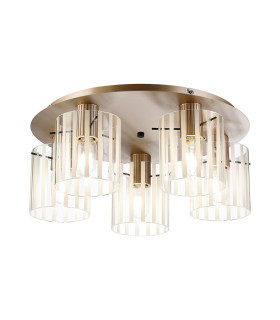 Hudson 56cm Round Ceiling Flush 5 Light Flush Fitting E27 Light Gold/Frosted/Clear Wide Line Glass-1
