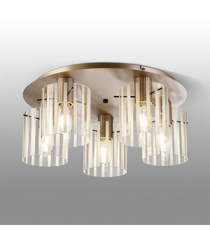Hudson 56cm Round Ceiling Flush 5 Light Flush Fitting E27 Light Gold/Frosted/Clear Wide Line Glass-3