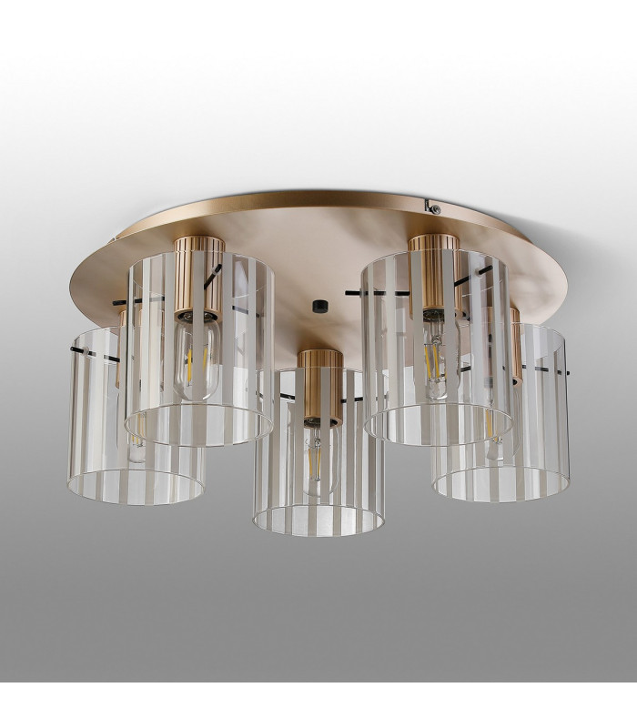 Hudson 56cm Round Ceiling Flush 5 Light Flush Fitting E27 Light Gold/Frosted/Clear Wide Line Glass-7