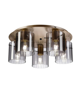 Hudson 56cm Round Ceiling Flush 5 Light Flush Fitting E27 Light Gold/Smoke Wide Line Glass-1