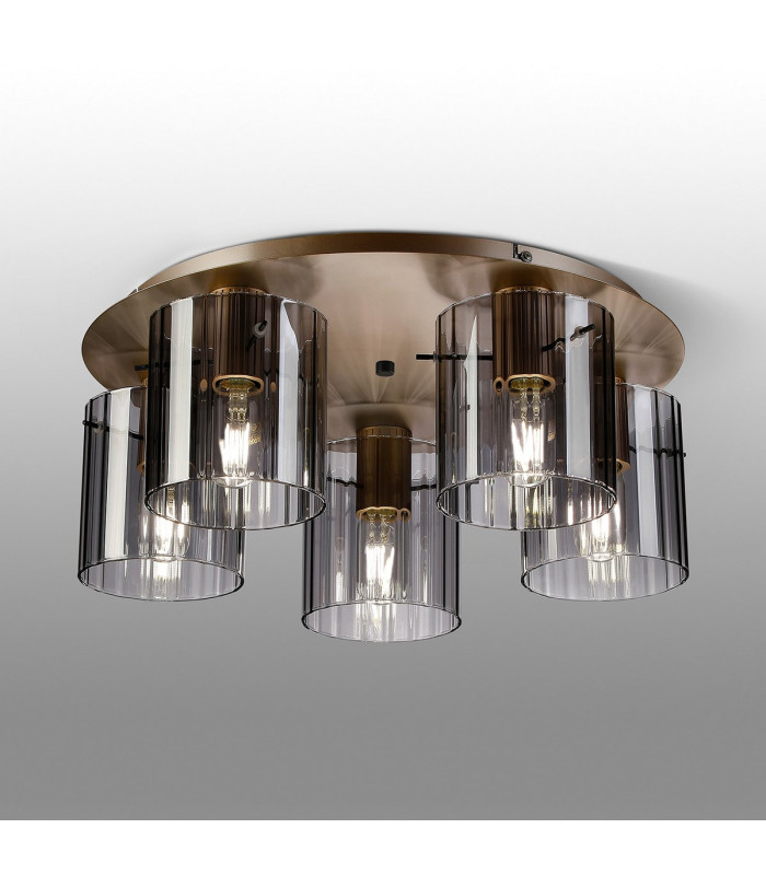 Hudson 56cm Round Ceiling Flush 5 Light Flush Fitting E27 Light Gold/Smoke Wide Line Glass-3