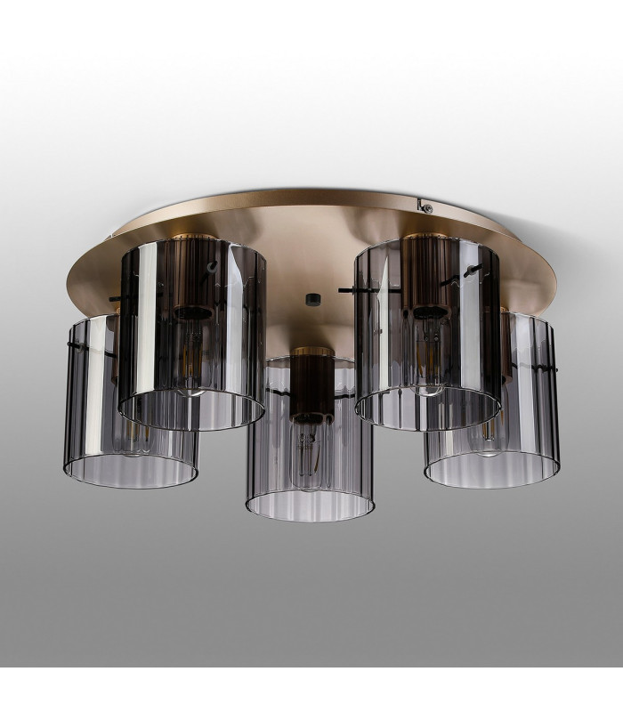 Hudson 56cm Round Ceiling Flush 5 Light Flush Fitting E27 Light Gold/Smoke Wide Line Glass-7