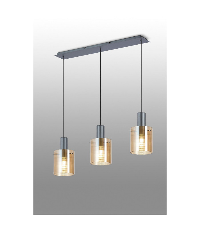 Hudson Linear Pendant 3 Light Adjustable E27 Dark Grey/Amber Narrow Line Glass-3