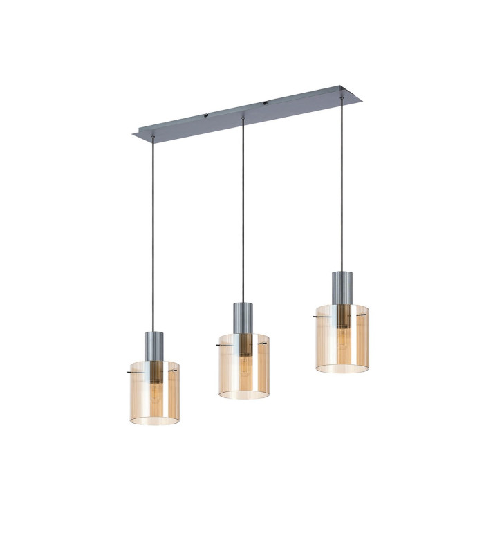 Hudson Linear Pendant 3 Light Adjustable E27 Dark Grey/Amber Narrow Line Glass-4