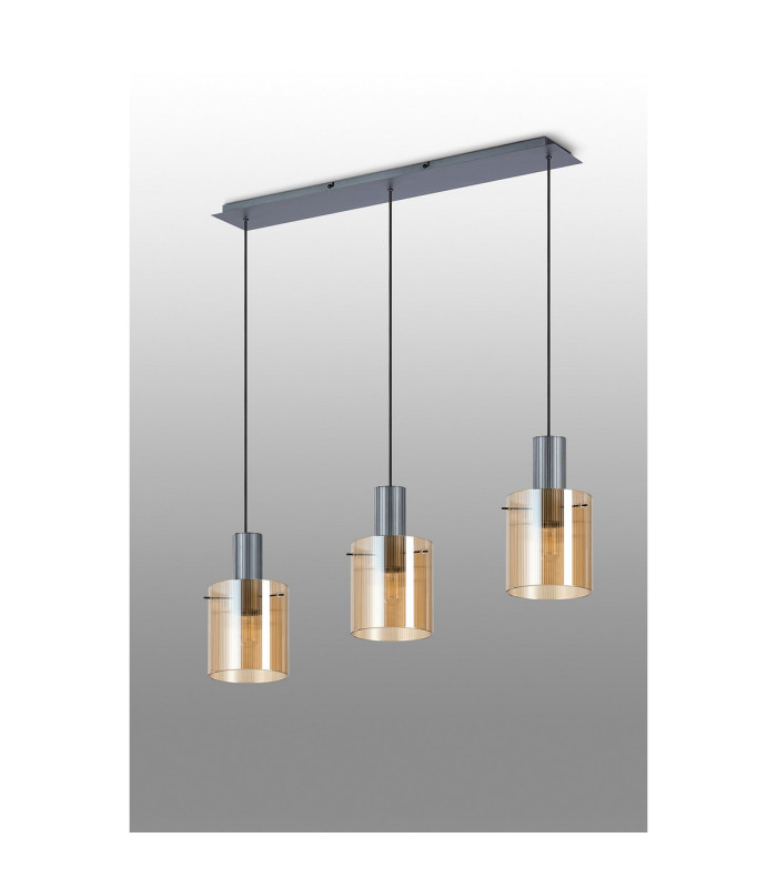 Hudson Linear Pendant 3 Light Adjustable E27 Dark Grey/Amber Narrow Line Glass-9