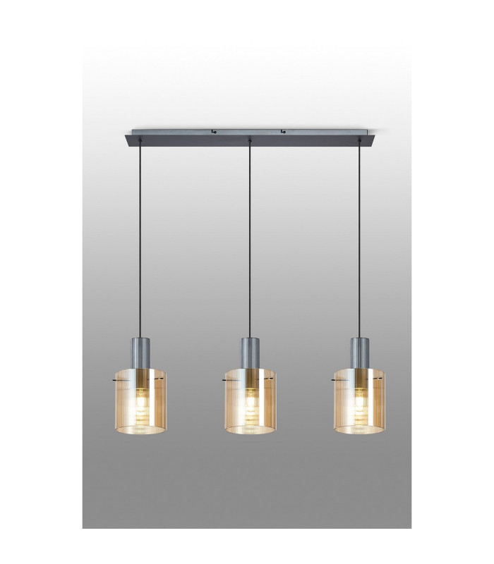 Hudson Linear Pendant 3 Light Adjustable E27 Dark Grey/Amber Narrow Line Glass-10