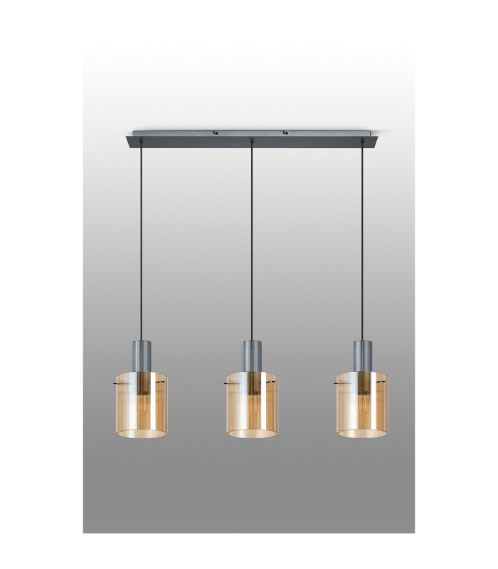 Hudson Linear Pendant 3 Light Adjustable E27 Dark Grey/Amber Narrow Line Glass-11