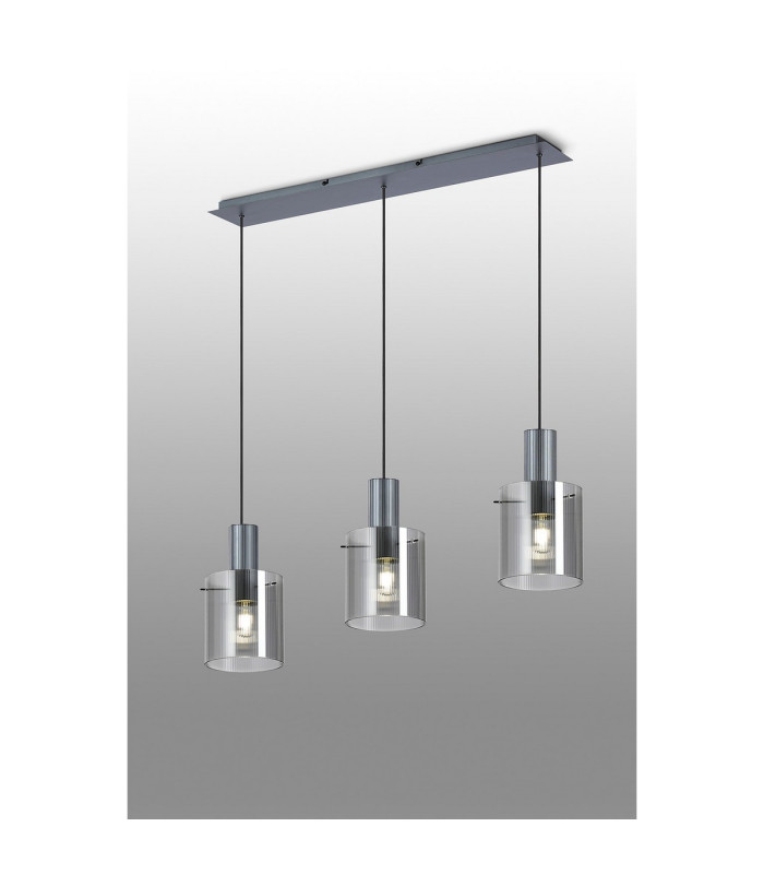 Hudson Linear Pendant 3 Light Adjustable E27 Dark Grey/Smoke Narrow Line Glass-3