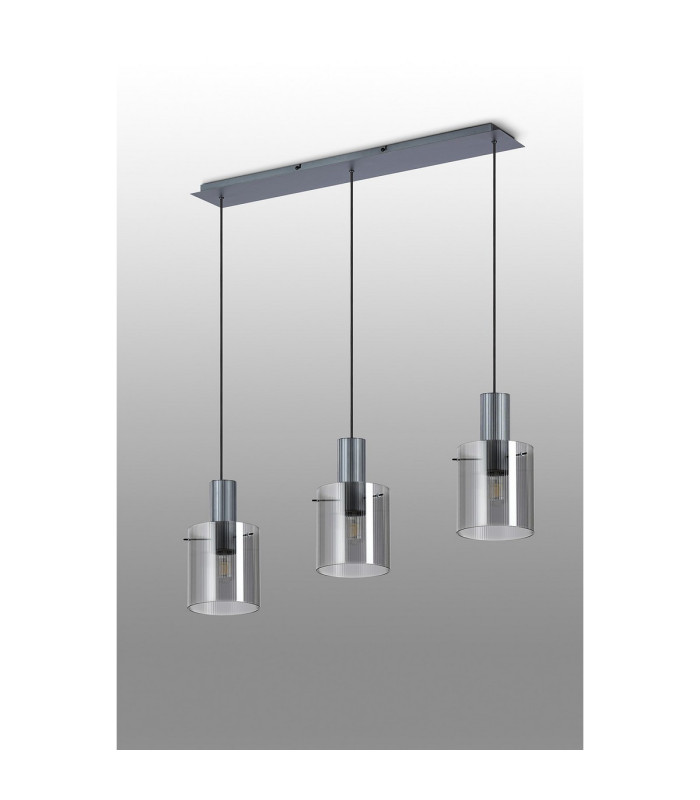Hudson Linear Pendant 3 Light Adjustable E27 Dark Grey/Smoke Narrow Line Glass-9