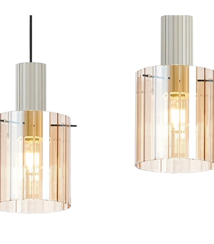 Hudson Linear Pendant 3 Light Adjustable E27 Beige Stone/Amber Wide Line Glass-8