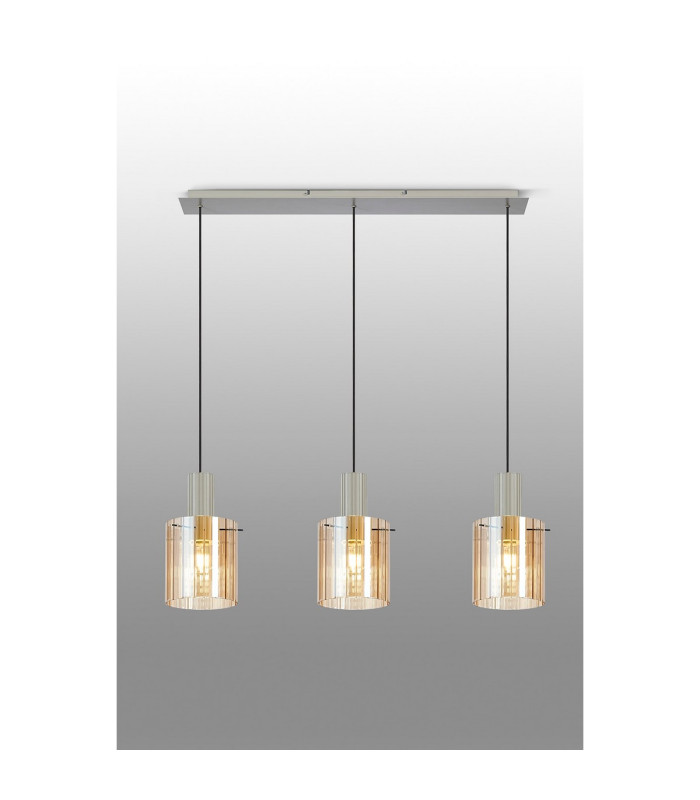 Hudson Linear Pendant 3 Light Adjustable E27 Beige Stone/Amber Wide Line Glass-10
