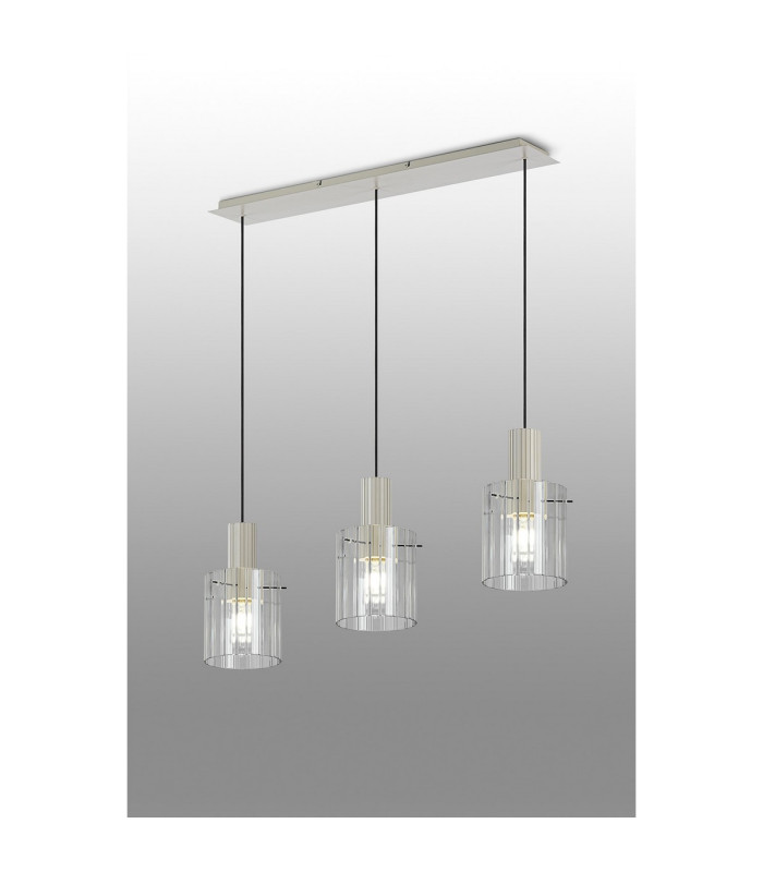 Hudson Linear Pendant 3 Light Adjustable E27 Beige Stone/Clear Wide Line Glass-3