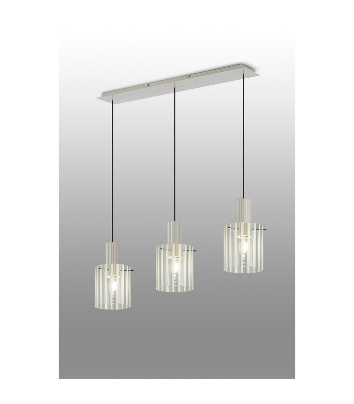 Hudson Linear Pendant 3 Light Adjustable E27 Beige Stone/Frosted/Clear Wide Line Glass-3