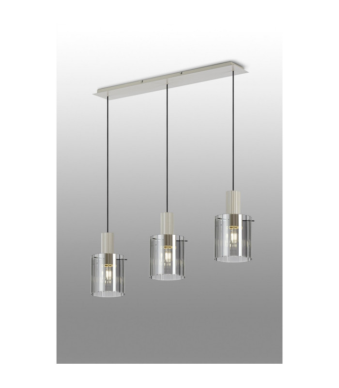 Hudson Linear Pendant 3 Light Adjustable E27 Beige Stone/Smoke Wide Line Glass-3