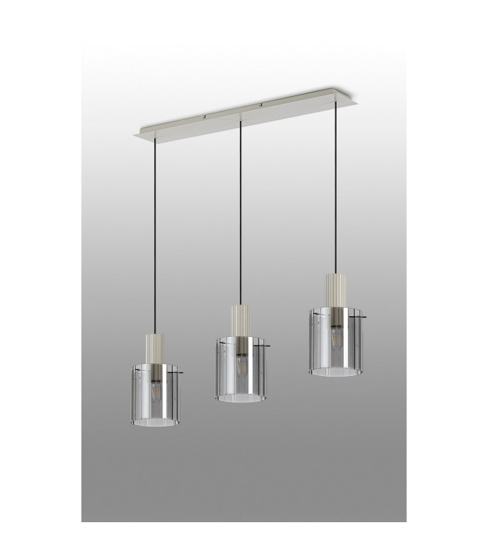 Hudson Linear Pendant 3 Light Adjustable E27 Beige Stone/Smoke Wide Line Glass-9