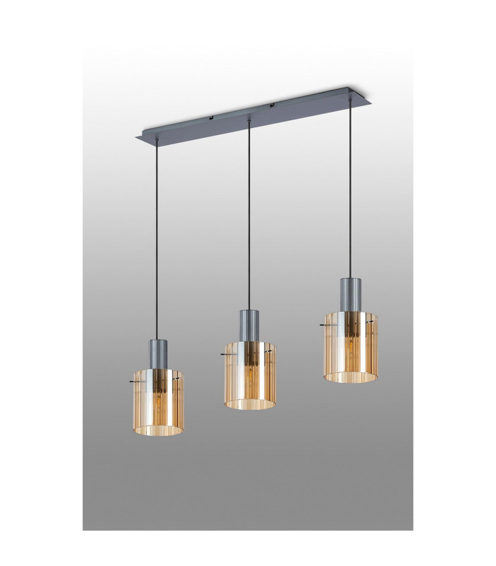 Hudson Linear Pendant 3 Light Adjustable E27 Dark Grey/Amber Wide Line Glass-9