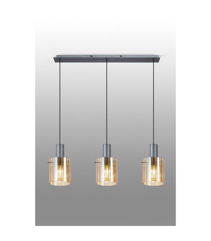 Hudson Linear Pendant 3 Light Adjustable E27 Dark Grey/Amber Wide Line Glass-10