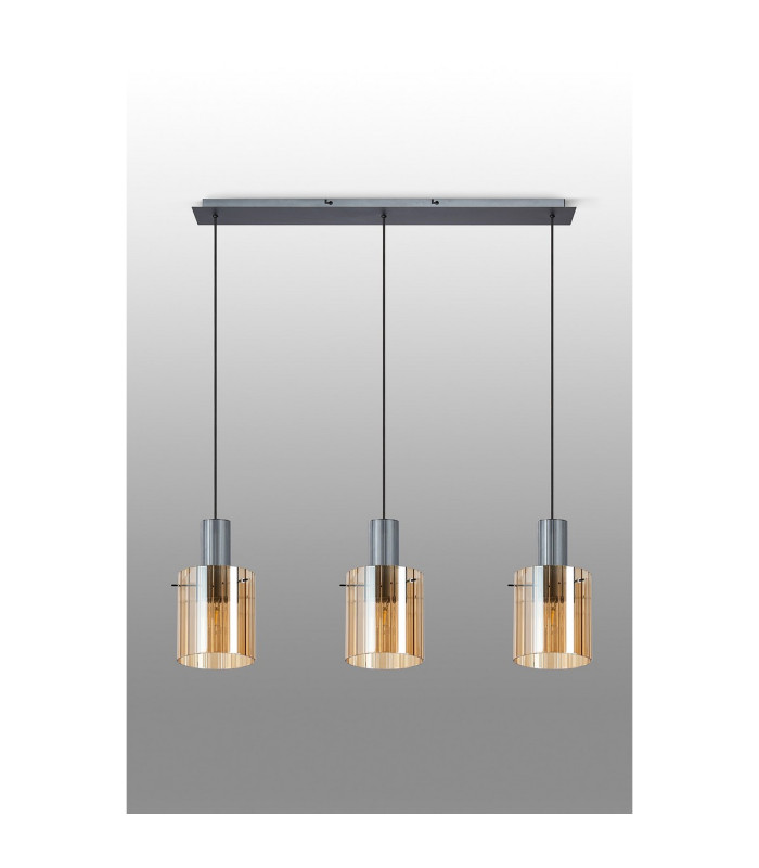 Hudson Linear Pendant 3 Light Adjustable E27 Dark Grey/Amber Wide Line Glass-11