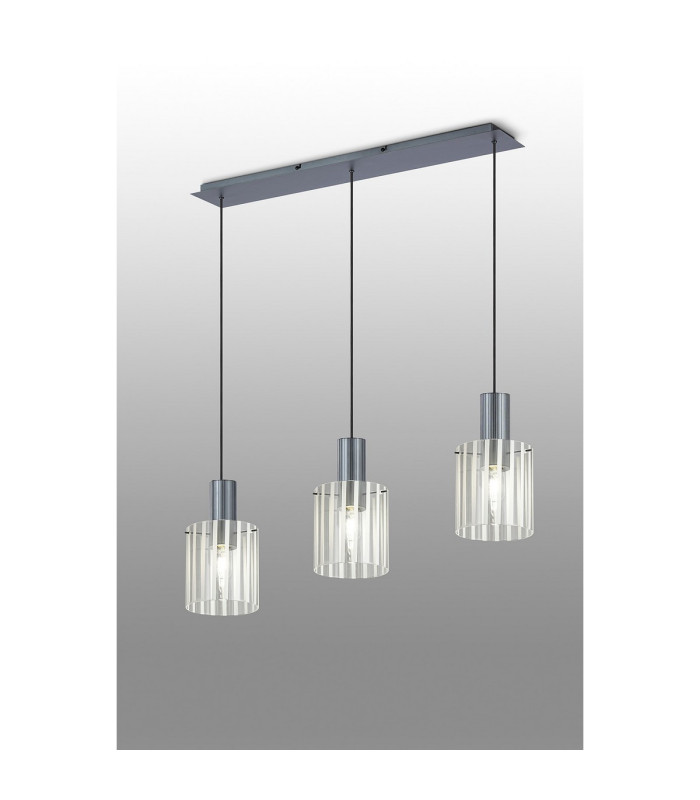 Hudson Linear Pendant 3 Light Adjustable E27 Dark Grey/Frosted/Clear Wide Line Glass-3