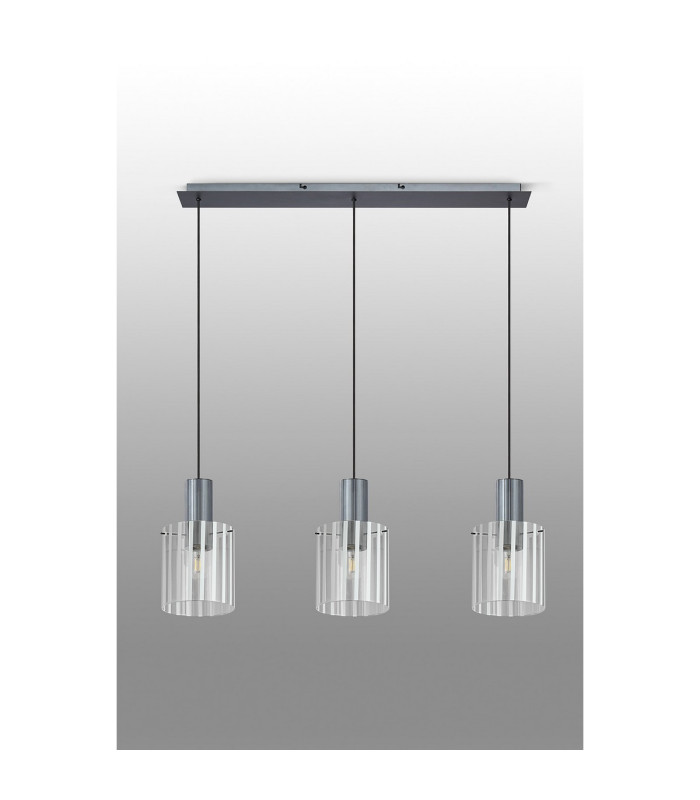 Hudson Linear Pendant 3 Light Adjustable E27 Dark Grey/Frosted/Clear Wide Line Glass-11