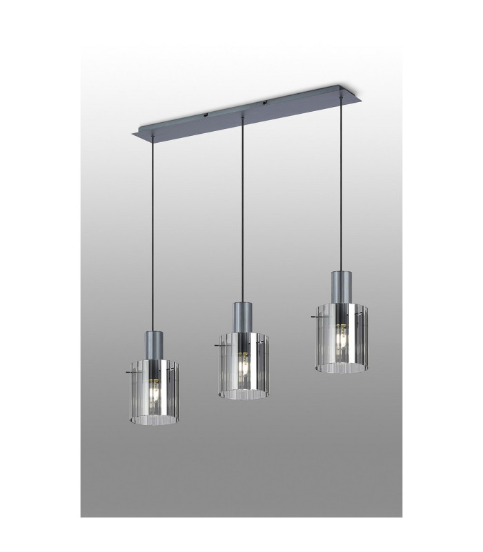 Hudson Linear Pendant 3 Light Adjustable E27 Dark Grey/Smoke Wide Line Glass-3