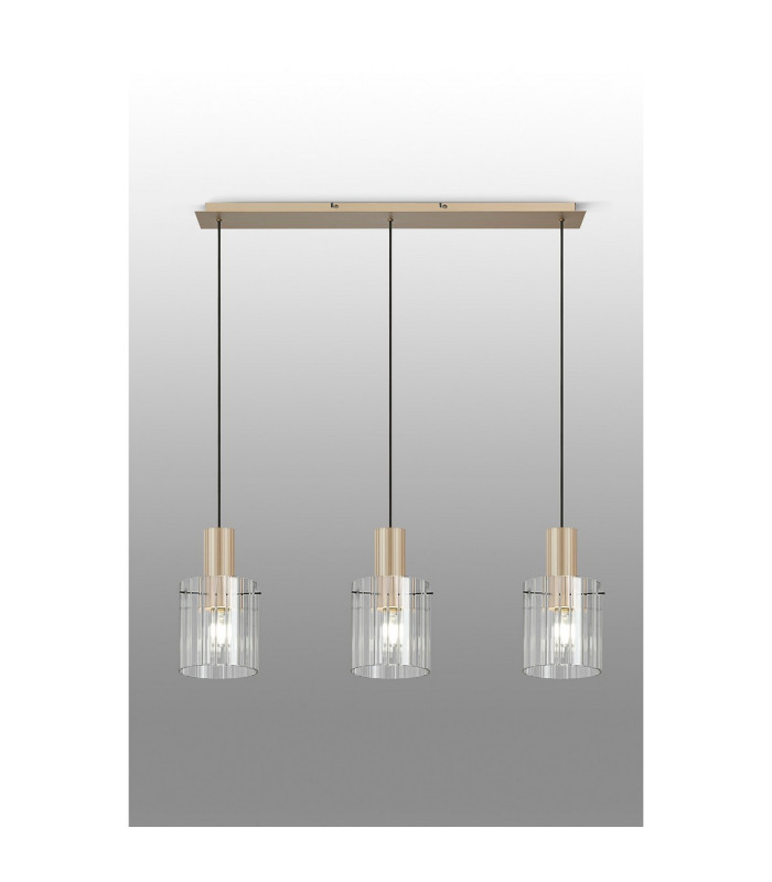 Hudson Linear Pendant 3 Light Adjustable E27 Light Gold/Clear Wide Line Glass-11