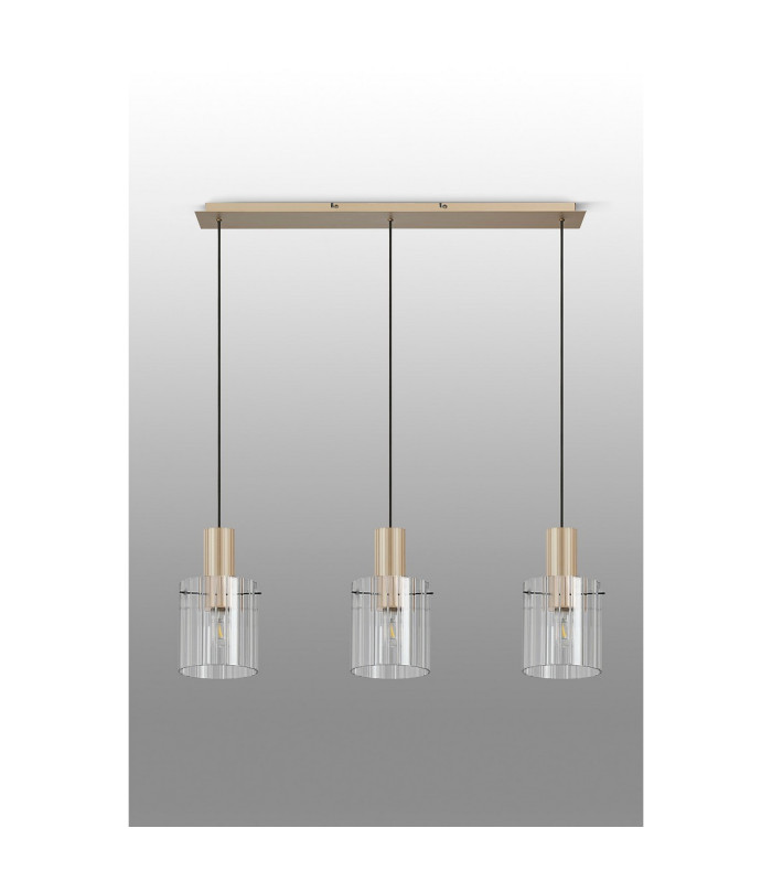 Hudson Linear Pendant 3 Light Adjustable E27 Light Gold/Clear Wide Line Glass-12