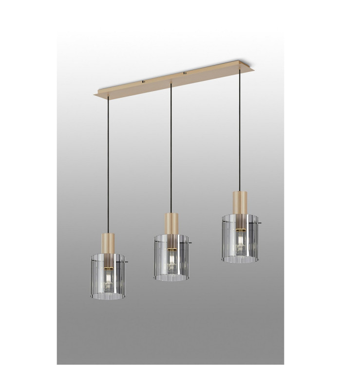 Hudson Linear Pendant 3 Light Adjustable E27 Light Gold/Smoke Wide Line Glass-3