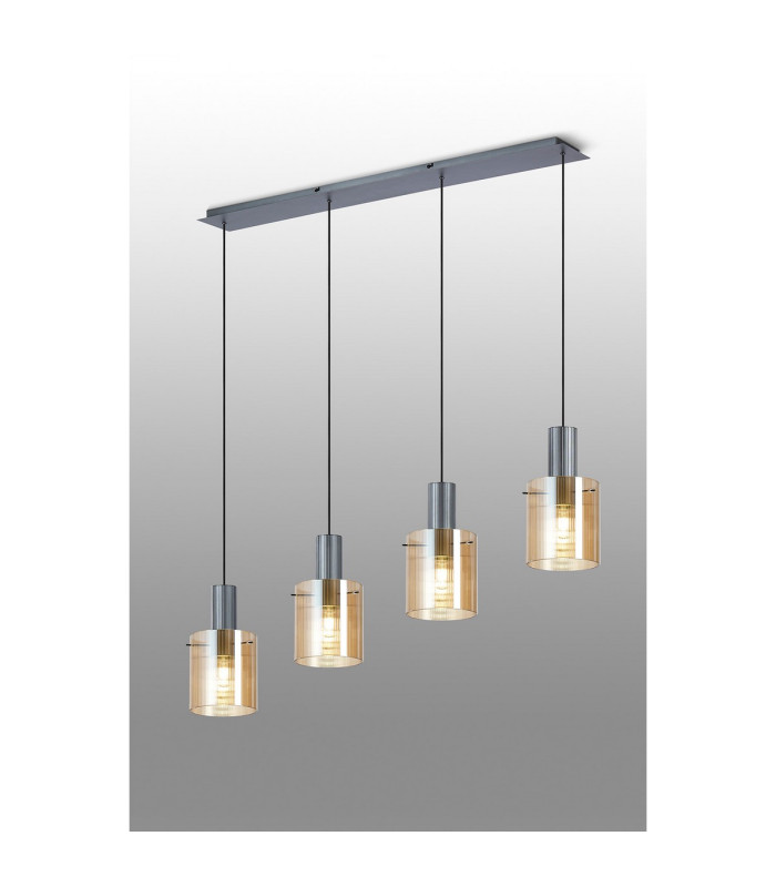 Hudson Linear Pendant 4 Light Adjustable E27 Dark Grey/Amber Narrow Line Glass-3