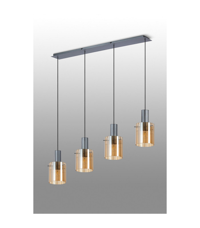 Hudson Linear Pendant 4 Light Adjustable E27 Dark Grey/Amber Wide Line Glass-9