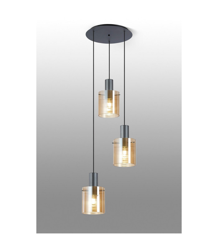Hudson 49.5cm Round Pendant 3 Light Adjustable E27 Dark Grey/Amber Narrow Line Glass-3